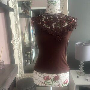 SHEIN Brown Floral Lace Yoke Mock Neck Cap Sleeve Top